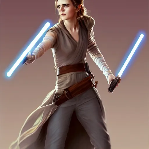 Prompt: emma watson holding a lightsaber, by wlop, trending on artstation, concept art, illustration, intricate, ornate, 8 k, highly detailed, realistic proportions, full body shot