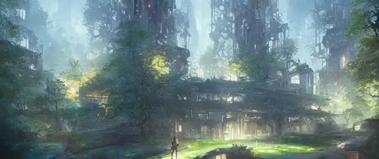Image similar to modern academy city castle in the forest behind a garden, huge, concept art, digital painting, style of jordan grimmer, warm lighting, futuristic, volumetric lighting, view from below, vivid colours, bright, daytime, godrays, high detail