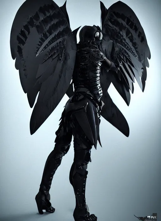 Prompt: black metal and carbon fiber crow inspired armor, majestic wings, head helmet like a crow head, vibranium, trending on artstation, hyper detailed, ultra realistic, dramatic light, gothic ambience, blue lights reflection, 4 k,