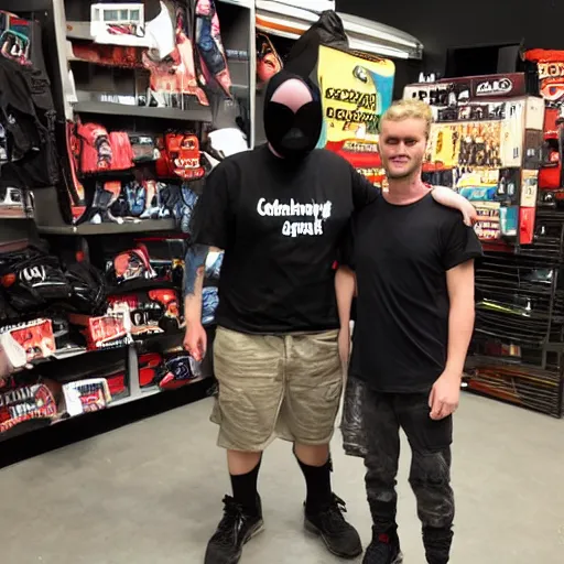 Image similar to ethan van sciver hanging out with a short stocky guy who wears a red ski mask over his face with black ski goggles, cargo shorts and a plain black t - shirt that says cash grab