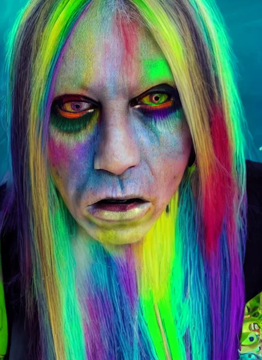 Prompt: a brutal woman warped in horror with long rainbow - colored hair, her skin has gaps, spikes, and complex alien textures, terrifying and mysterious
