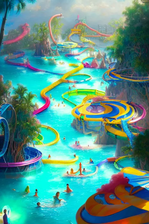 Image similar to a huge complex brightly colored water park scene, tall winding slides, wave pool, fantasy art, 8 k resolution matte fantasy painting, cinematic lighting, deviantart, artstation, jason felix steve argyle tyler jacobson peter mohrbacher