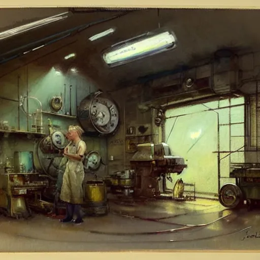 Image similar to ( ( ( ( ( 1 9 5 0 s retro science fiction mechanics shop interior scene. muted colors. ) ) ) ) ) by jean - baptiste monge!!!!!!!!!!!!!!!!!!!!!!!!!!!!!!