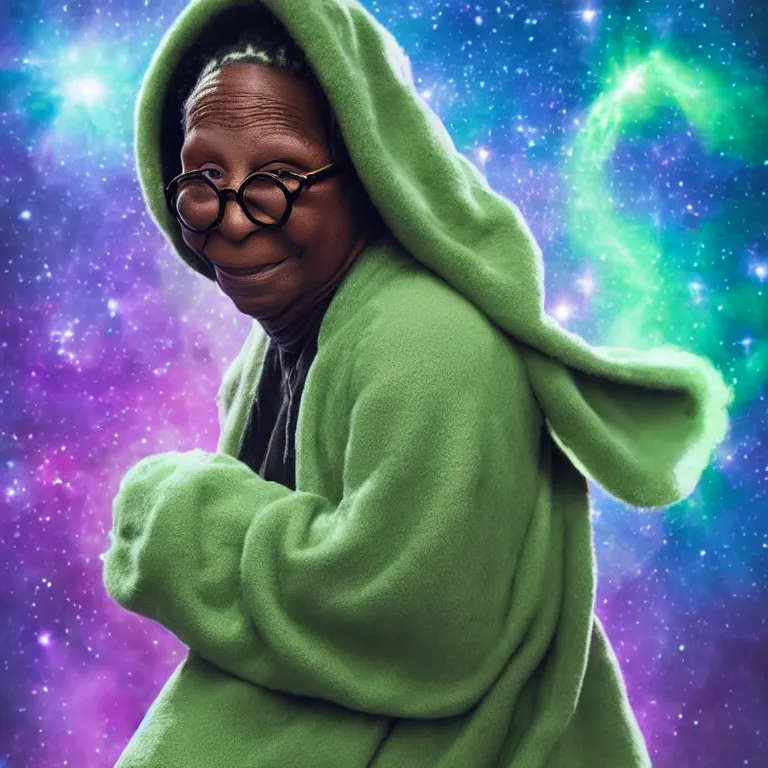 Prompt: whoopi goldberg yoda hybrid from star wars, high quality portrait photoshoot, bokeh, studio lighting, high fashion photoshoot, nebula space background, 8 k