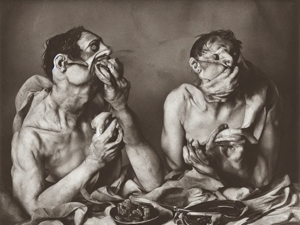 Image similar to Jaded factory worker eating bread. Golden harsh light. Portrait by Caravaggio, Roger Ballen