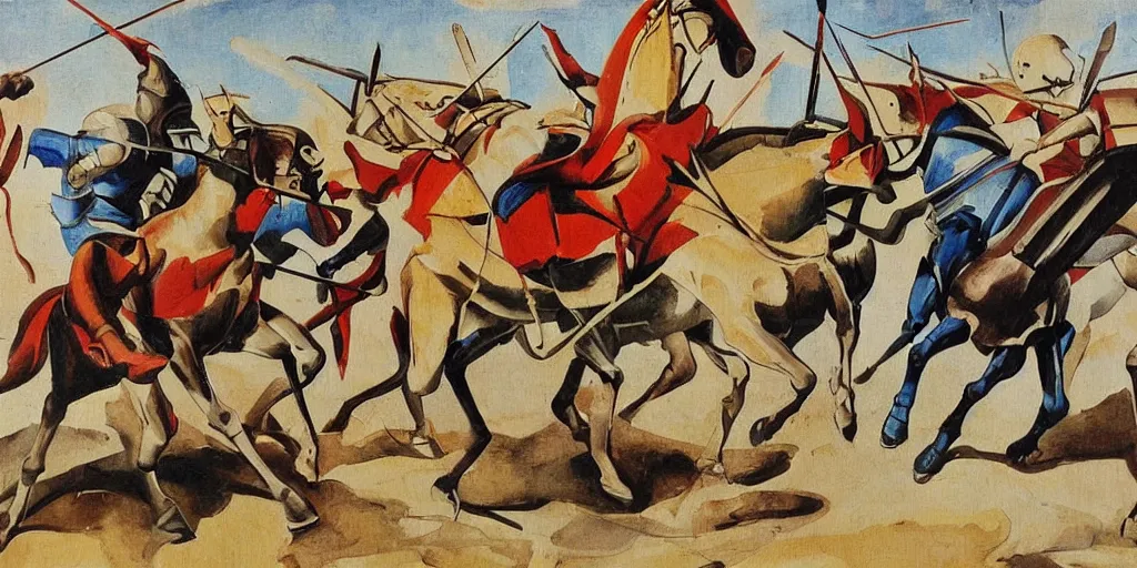 Image similar to italian futurism styled painting of a medieval knight cavalry charge