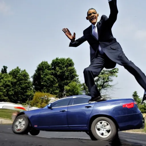 Prompt: obama jumping over a car