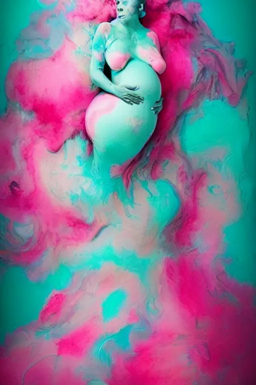 Prompt: beautiful pregnant women made out of gray, pink, and aqua colored paint swirling by alberto seveso, colorful, vibrant, elegant