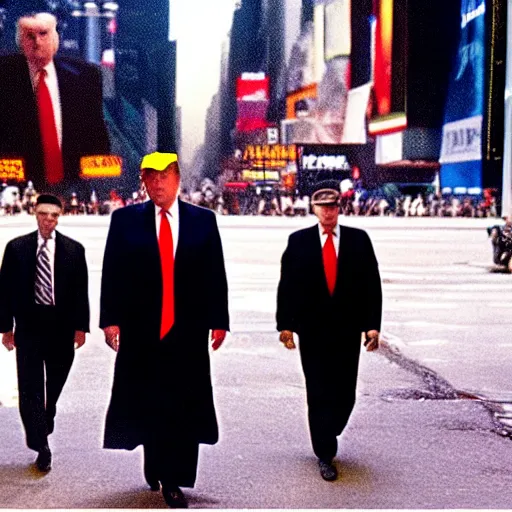 Prompt: still of donald trump walking with bodyguards in time square, wearing maga hat, in american psycho ( 1 9 9 9 )