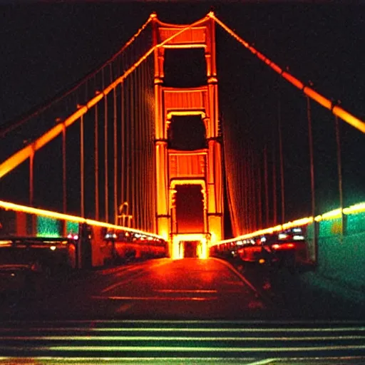 Prompt: color film still city san francisco, golden gate bridge, lombard street, iconic, blade runner style, year 2 1 0 0, future, gritty, dirty