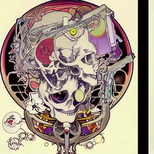 Image similar to anime manga astronaut skull portrait profile skeleton by Alphonse Mucha and Takashi Murakami pop art nouveau