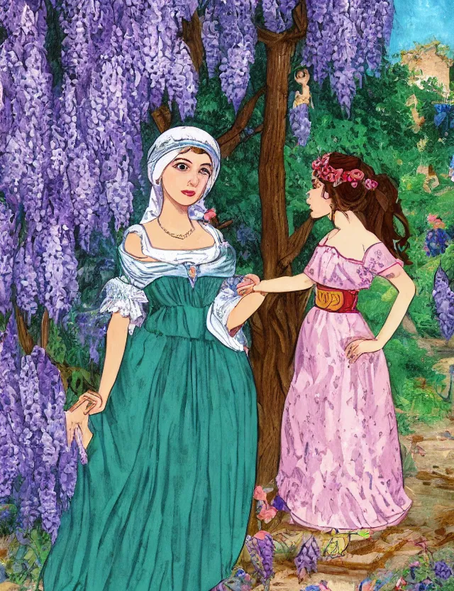 Prompt: middle eastern queen of the wisteria springs, wearing a lolita dress. this heavily stylized oil painting by an indie children's book illustrator has an interesting color scheme, plenty of details and impeccable lighting.