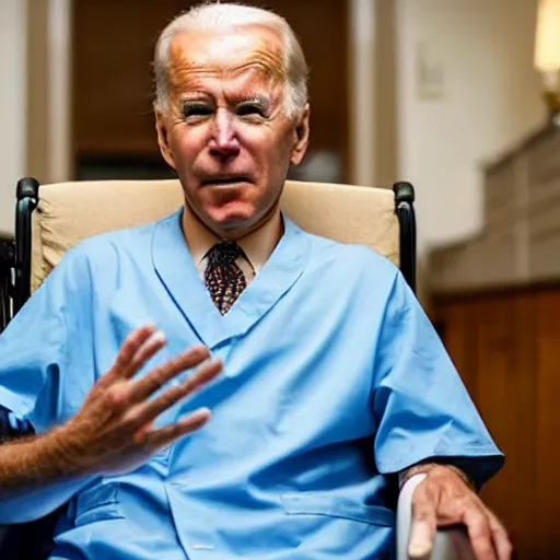 Image similar to a professional atmospheric film like 35mm photograph of Joe Biden wearing a garish hospital gown is drooling with late stage Dementia in a wheelchair at a disgusting run-down senior citizen rest home, there is full bedpan next to him