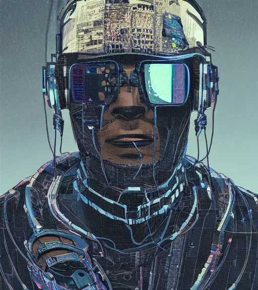 Image similar to a cyberpunk man with multiple digital patchwork faces, techwear, Industrial Scifi, detailed illustration, character portrait, by Martin Grip and Moebius