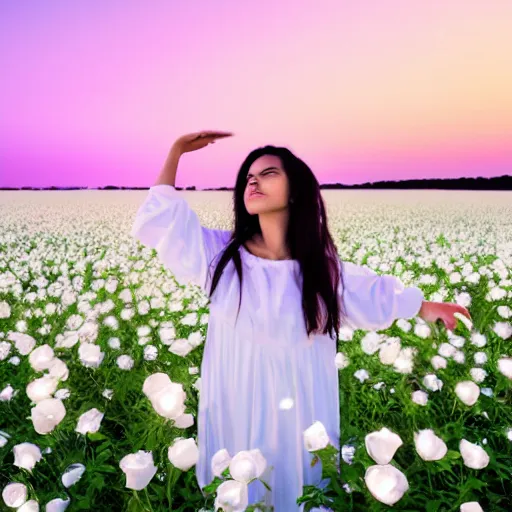 Image similar to a woman dressed in white, standing in an infinite field of white roses, petals in the breeze, fireflies glowing, vivid lighting, professional photography, distance shot, afternoon lighting