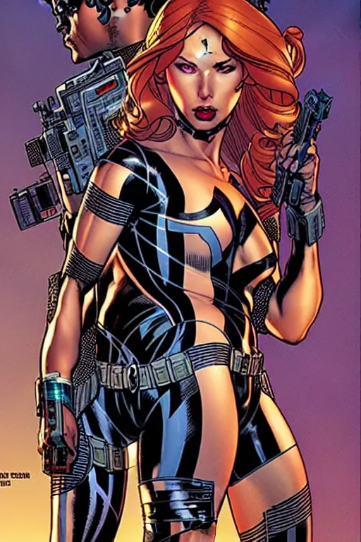 Prompt: michael golden and sandra chevrier comic cover art, full body black widow, perfectly symmetrical facial features, tight fit, rim lighting, vivid colors, j. scott campbell