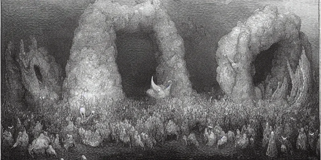 Prompt: gargantuan geese guarding the gates of hell, art by gustave dore, hieronimus bosch