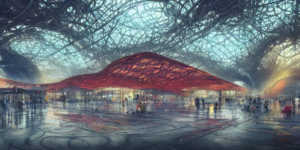 Prompt: a beautiful insanely detailed modern bus station surounded by intricate detailed color smashing fluid oilpaint, 3 d render, hyper realistic detailed, sharp, melting wax, fluid acrilic, thin fractal tendrils, intense colors, scifi, fantasy, hyper detailed, octane render, concept art, by peter mohrbacher, by wlop, by ruan jia