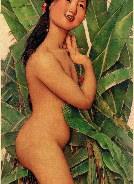 Prompt: a beautiful asian girl with a tattoo of a coconut tree on her body by Norman Rockwell