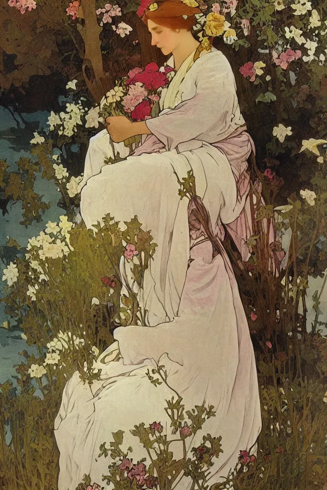 Image similar to atmospheric painting of a woman in a robe made of flowers, sitting next to a river by Alphonse Mucha