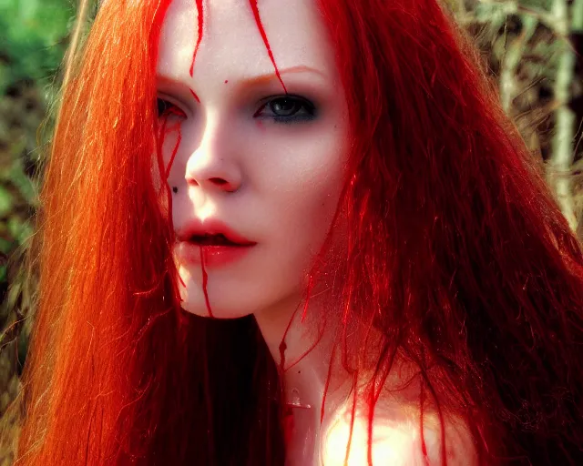 Prompt: award winning 5 5 mm close up face portrait photo of an anesthetic and beautiful redhead vampire lady who looks directly at the camera with blood - red wavy hair, intricate eyes that look like gems, and long fangs, in a park by luis royo. rule of thirds.