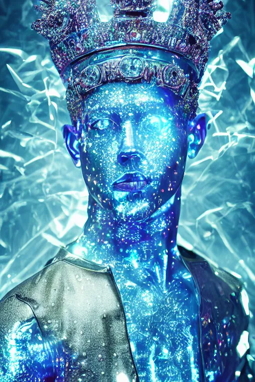Image similar to hyper detailed ultra sharp portrait of baroque and bladerunner delicate neon diamond sculpture of seductive albino pharaoh nick jonas, sarcophagus blue iridescent humanoid deity wearing metallic hoody made out of hands holding the sun prismatic dungeon, glowing blue face, crown of white diamonds, cinematic lighting, photorealistic, octane render 8 k depth of field 3 d