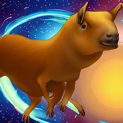 Image similar to digital painting of a boy riding a magical flying capybara in space