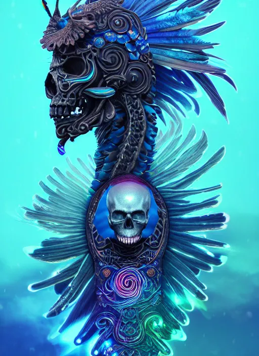 Image similar to 3 d shaman with tattoos profile portrait, sigma 5 0 0 mm f / 5. beautiful intricate highly detailed quetzalcoatl skull and feathers. bioluminescent, plasma, frost, water, wind, creature, gradient background, thunderstorm! artwork by tooth wu and wlop and beeple and greg rutkowski, 8 k trending on artstation,