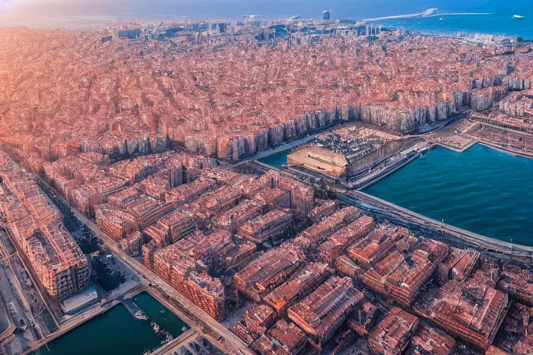 Prompt: dron views of dystopian barcelona city covered with water, global warming, sunset lighting, photo real