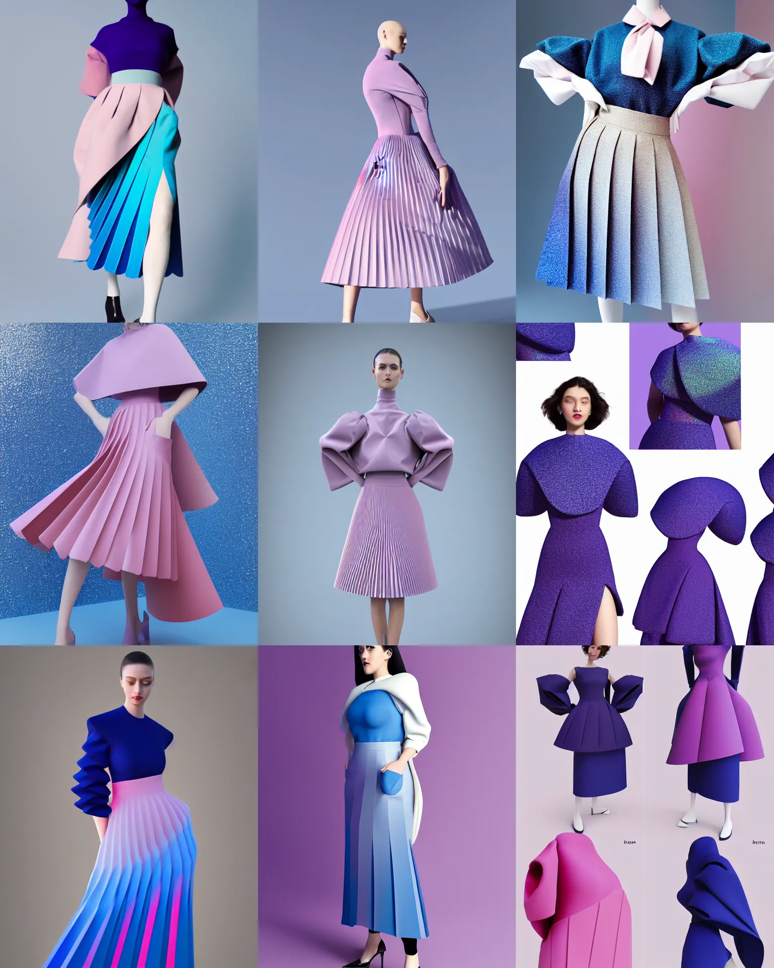 Prompt: designer realistic and dynamic folds collection ball shaped accordion sleeve haute couture, sailor uniform, midi skirt, coat pleats, synthetic curves striking pose, cute pockets, volume flutter, youthful, modeled by modern designer bust, body fit, award fashion, picton blue, petal pink gradient scheme, light holographic tones, expert composition, high detail, professional retouch, editorial photography