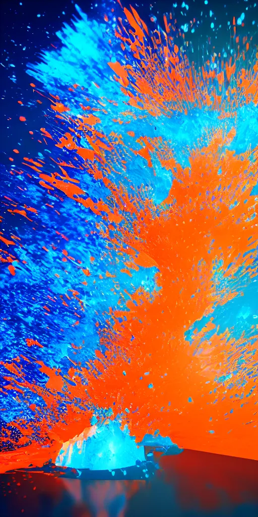 Prompt: orange and blue fluid particle wave from thousands of spheres in a huge modern townhall octane render trending on artstation