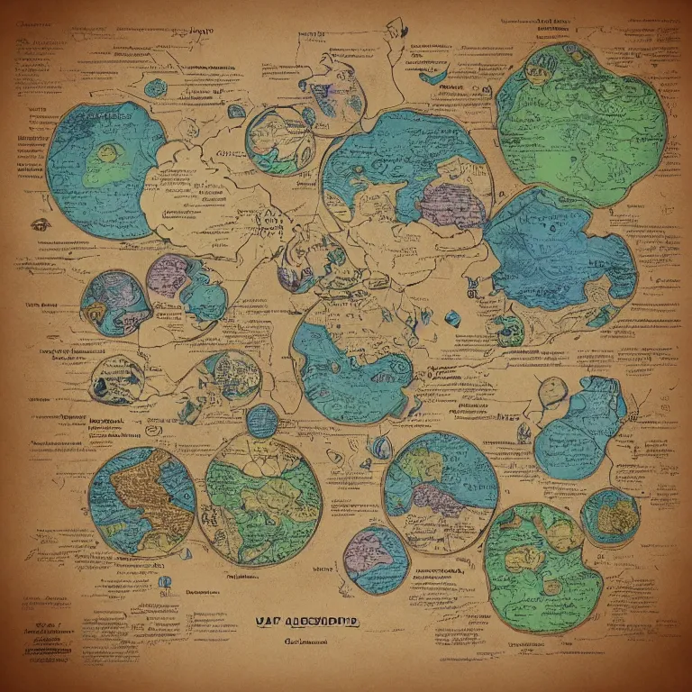 Image similar to imaginary map of a fantacy world, drawing of different elements in the lands, different realms, blueprint, infographic, on paper, natural colors, vintage, with notes, highly detailed, trending on artstation, beautiful