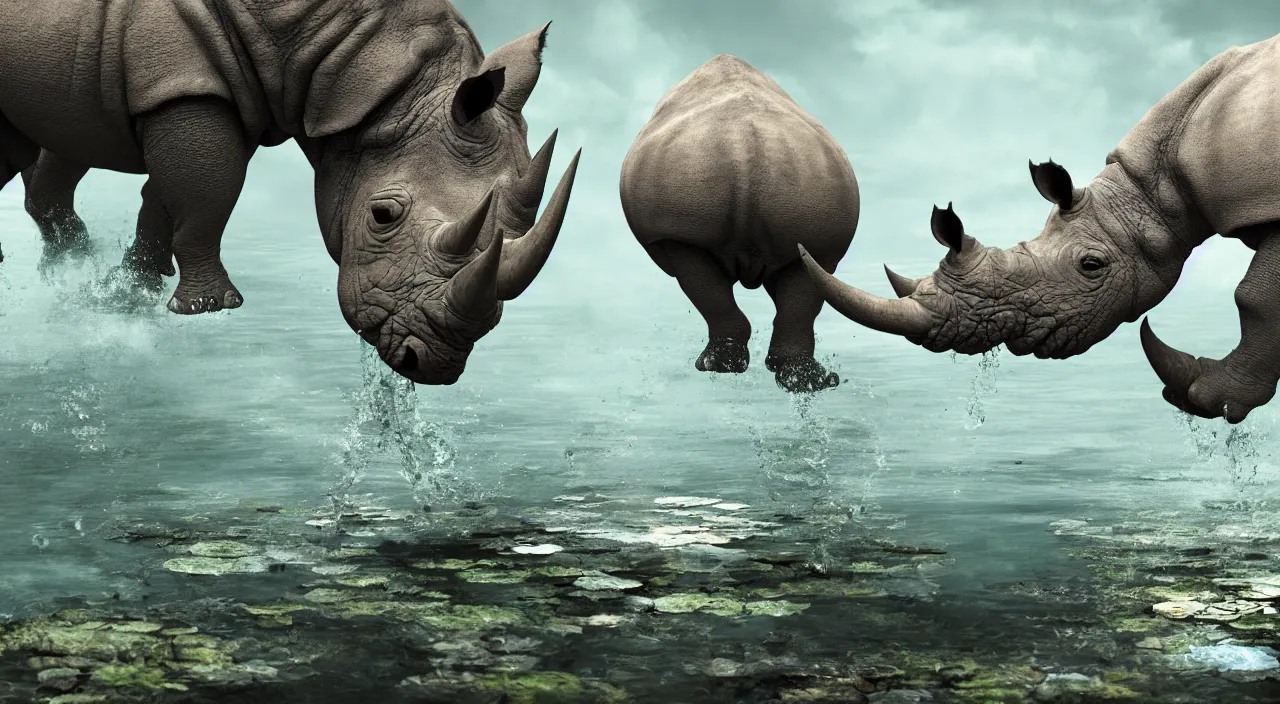 Prompt: a rhinoceros with a glass body drinking water on a magical pond, octane render, mixed media, digital art, trending on artstation, deviantart, 8k, epic composition, intrinsic details, AAA graphics