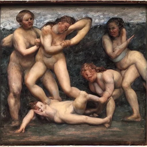Image similar to 3 drunk women fall over mud - wrestling,, oil painted ( ( ( ( ( ( by rodin ) ) ) ) ) )