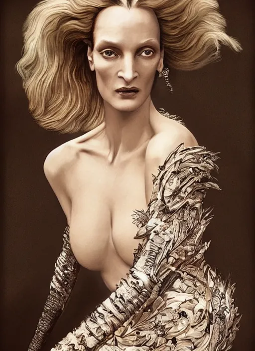 Prompt: Uma Thurman wearing epic haute couture by Alexander McQueen, extremely beautiful and proportionate face, in the aesthetic of mert and marcus, masterpiece, intricate, elegant wardrobe, highly detailed, digital painting, artstation, concept art, smooth, sharp focus, illustration, art by artgerm and james jean and greg rutkowski and alphonse mucha