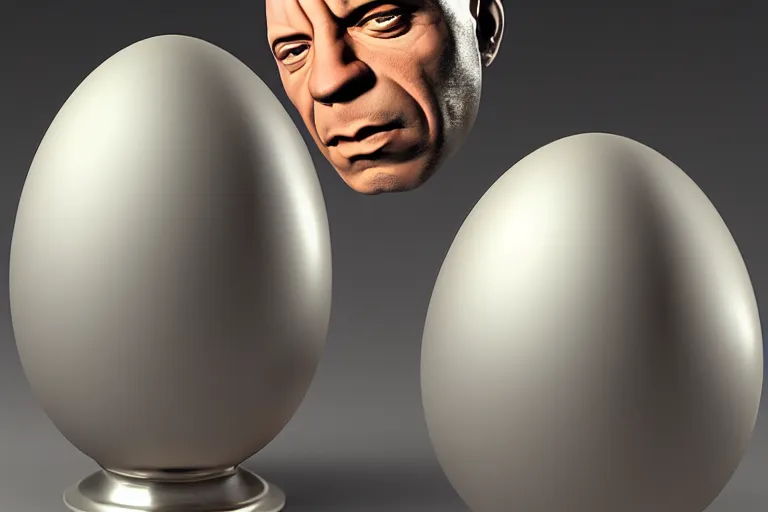 Prompt: silver egg cup, vin diesel head in egg cup, head is an egg, eggshell cracking, hyper detailed, digital art, artstation, cinematic lighting, studio quality, smooth render, by peter mohrbacher, hajime sorayama, boris vallejo, craig mullins