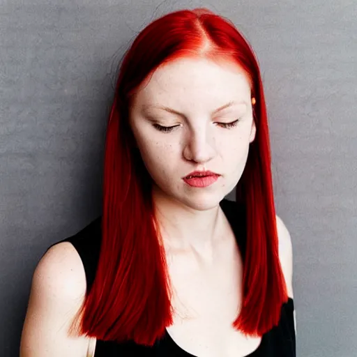 Image similar to portrait of a plain looking young white female model red hair and uneven skintone and a round shaped face