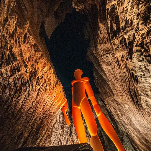 Prompt: photo of a giant orange colored glowing transparent humanoid of one thousand feet of height + standing next to a skyscraper + inside a cave