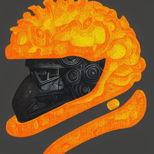 Image similar to helmet lion cyberpunk made of yellow lava and fire in angga tantama style, profile portrait, digital illustration, vector art, drawing, mecha, epic size, epic scale, macro art