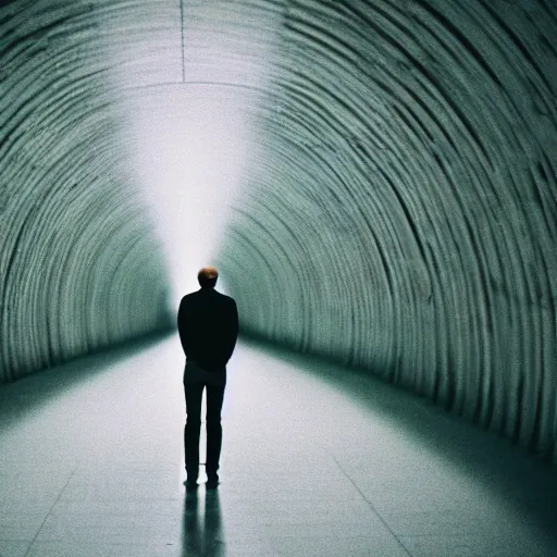 Image similar to kodak portra 1 6 0 photograph of a skinny guy standing in tunnel of light, flower crown, back view, moody lighting, moody vibe, telephoto, 9 0 s vibe, blurry background, tranquil, calm, faded!,