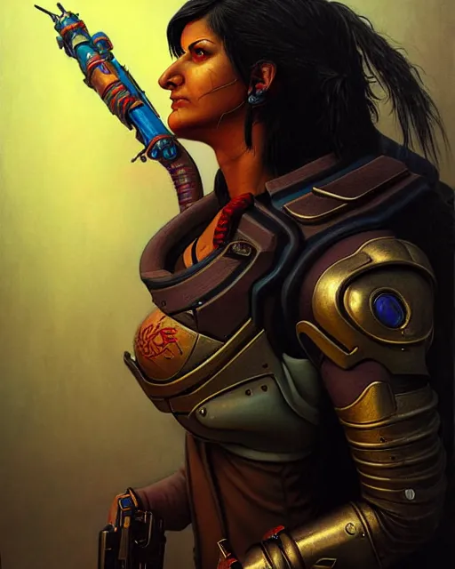 Image similar to pharah from overwatch, character portrait, portrait, close up, concept art, intricate details, highly detailed, horror poster, horror, vintage horror art, realistic, terrifying, in the style of michael whelan, beksinski, and gustave dore