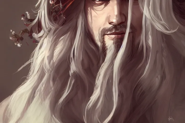 Image similar to handsome man with white long hair in kimono, d & d, fantasy, portrait, highly detailed, headshot, digital painting, trending on artstation, concept art, sharp focus, illustration, art by wlop