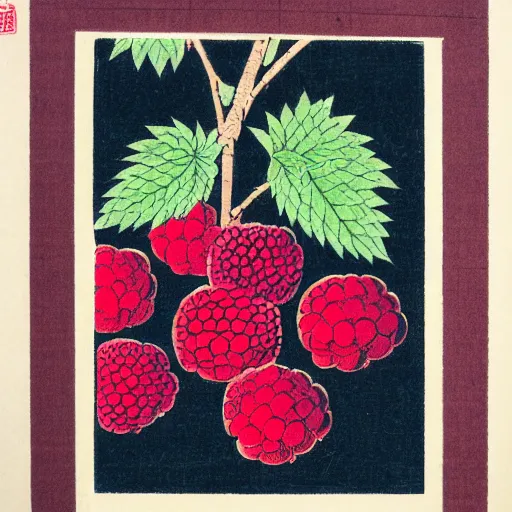 Prompt: Japanese woodblock print of a raspberry