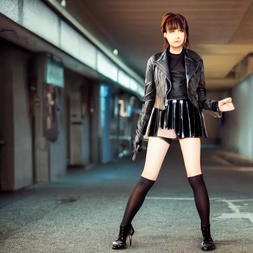 Image similar to a dynamic, epic cinematic 8K HD movie shot of a japanese young J-Pop idol girl wearing leather jacket, miniskirt, nylon tights and high heels boots. Motion, VFX, Inspirational arthouse