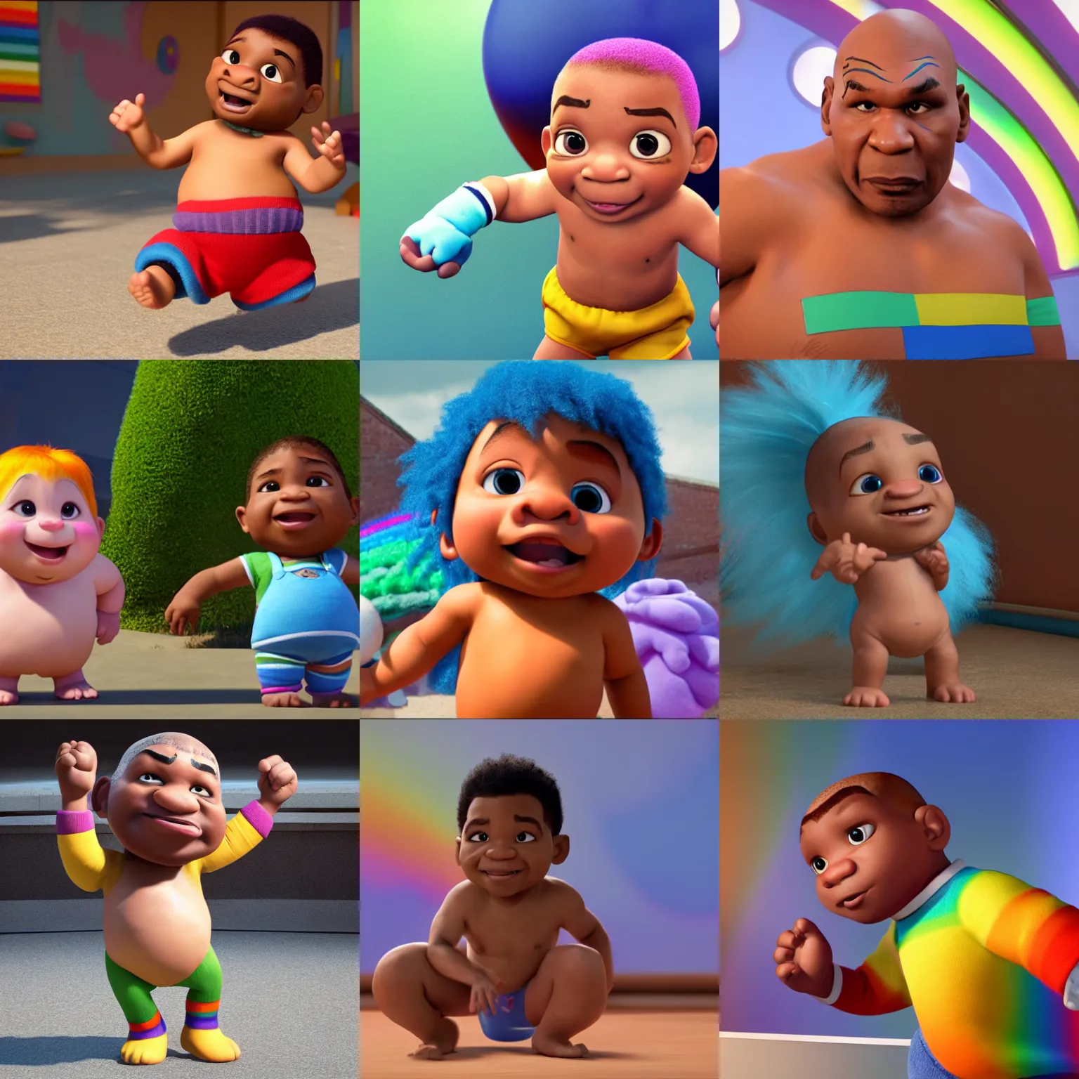 Prompt: calm rainbow haired mike tyson in diaper as a pixar disney character from up ( 2 0 0 9 ), unreal engine, octane render, 3 d render, photorealistic