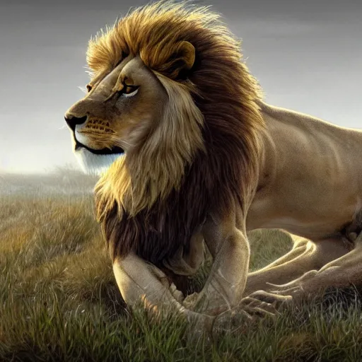 Image similar to clear portrait of a anorexic lion, hideous appearance, nature background, malnourished, cottagecore!!, background hyper detailed, character concept, full body, dynamic pose, intricate, elegant, highly detailed, digital painting, artstation, concept art, smooth, sharp focus, illustration, art by artgerm and greg rutkowski and alphonse mucha