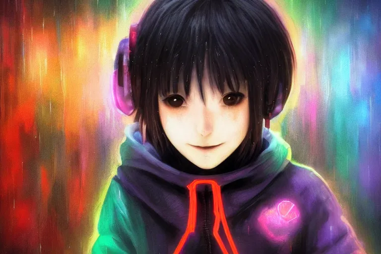 Image similar to an epic fantasy comic book style portrait painting of an extremely cute and adorable very beautiful cyberpunk lain ( serial experiments lain ) wearing a teddy bear hoodie in the rain, neon reflections, character design by mark ryden and pixar and hayao miyazaki, unreal 5, daz, hyperrealistic, octane render, cosplay, rpg portrait, dynamic lighting, intricate detail, cinematic