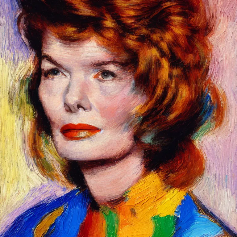 Prompt: close up studio portrait of Katherine Hepburn, age 30, gorgeous face, wearing a punk t shirt in 1985, impasto heavy brushstrokes oil painting by Mary Cassatt and Franz Marc, Intense colors trending on artstation dramatic lighting Expressionism