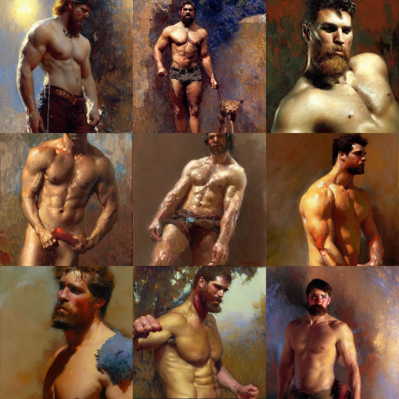 Prompt: a man with a brawny body type, painting by Gaston Bussiere, Craig Mullins