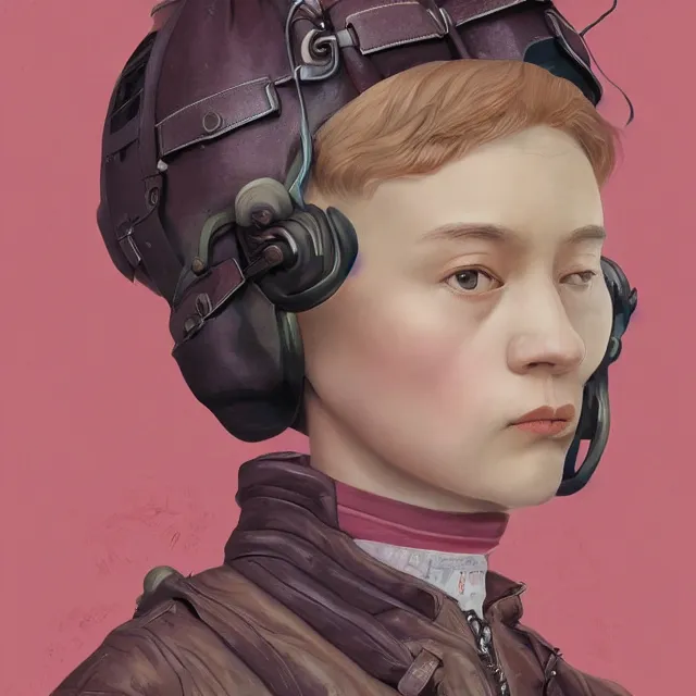 Image similar to highly detailed portrait of androgynous girl wearing bakelite leather jacket, bakelite rocky mountains, japanese haunted forest, by hsiao - ron cheng and artgerm, modular synthesizer helmet backpack, the grand budapest hotel, glow, no crop, digital art, artstation, pop art